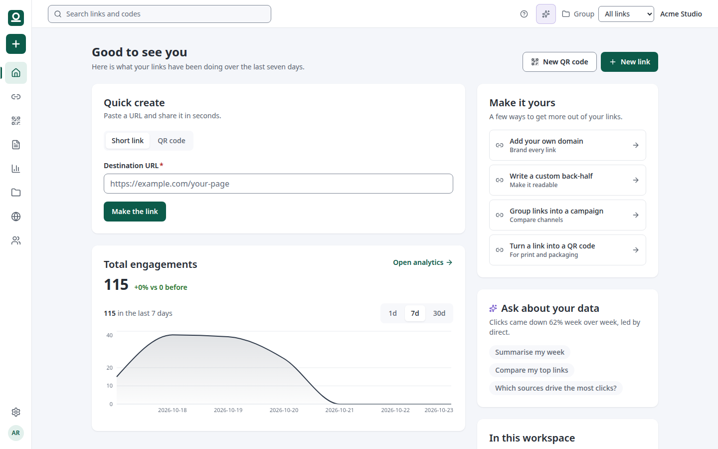 The Steadlink dashboard: links with their clicks, and a chart of the last thirty days.